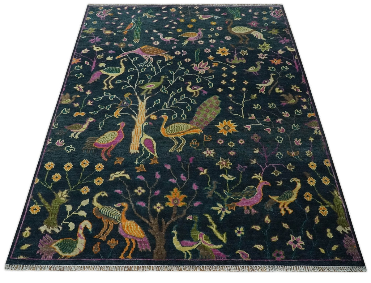 Custom Made The Jungle Life Peacock on tree Rug Hand Knotted Blue and Green Wool Rug.