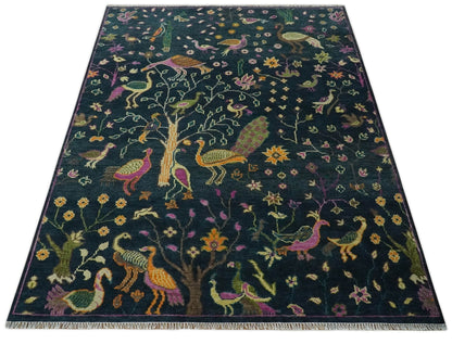 Custom Made The Jungle Life Peacock on tree Rug Hand Knotted Blue and Green Wool Rug.