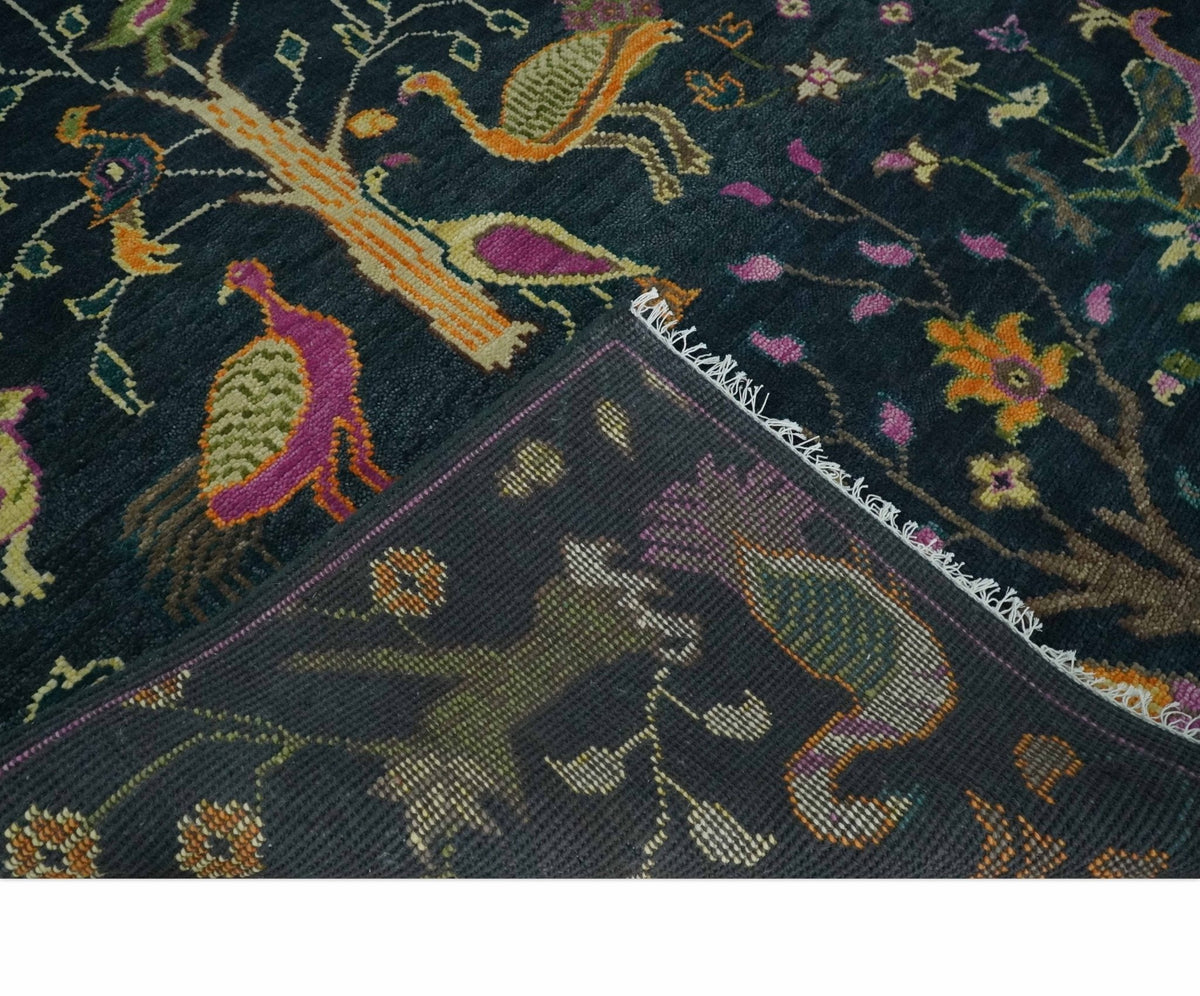 Custom Made The Jungle Life Peacock on tree Rug Hand Knotted Blue and Green Wool Rug.