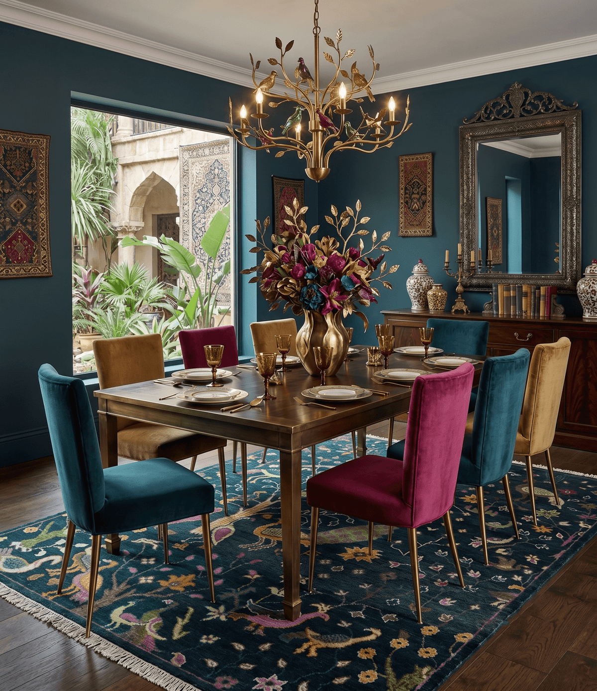 Custom Made The Jungle Life Peacock on tree Rug Hand Knotted Blue and Green Wool Rug.