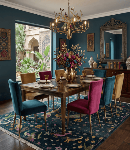 Custom Made The Jungle Life Peacock on tree Rug Hand Knotted Blue and Green Wool Rug.