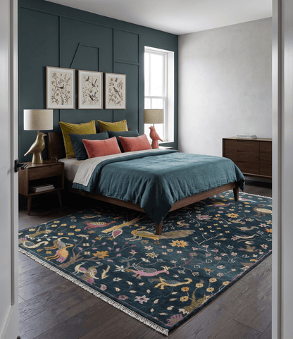 Custom Made The Jungle Life Peacock on tree Rug Hand Knotted Blue and Green Wool Rug.