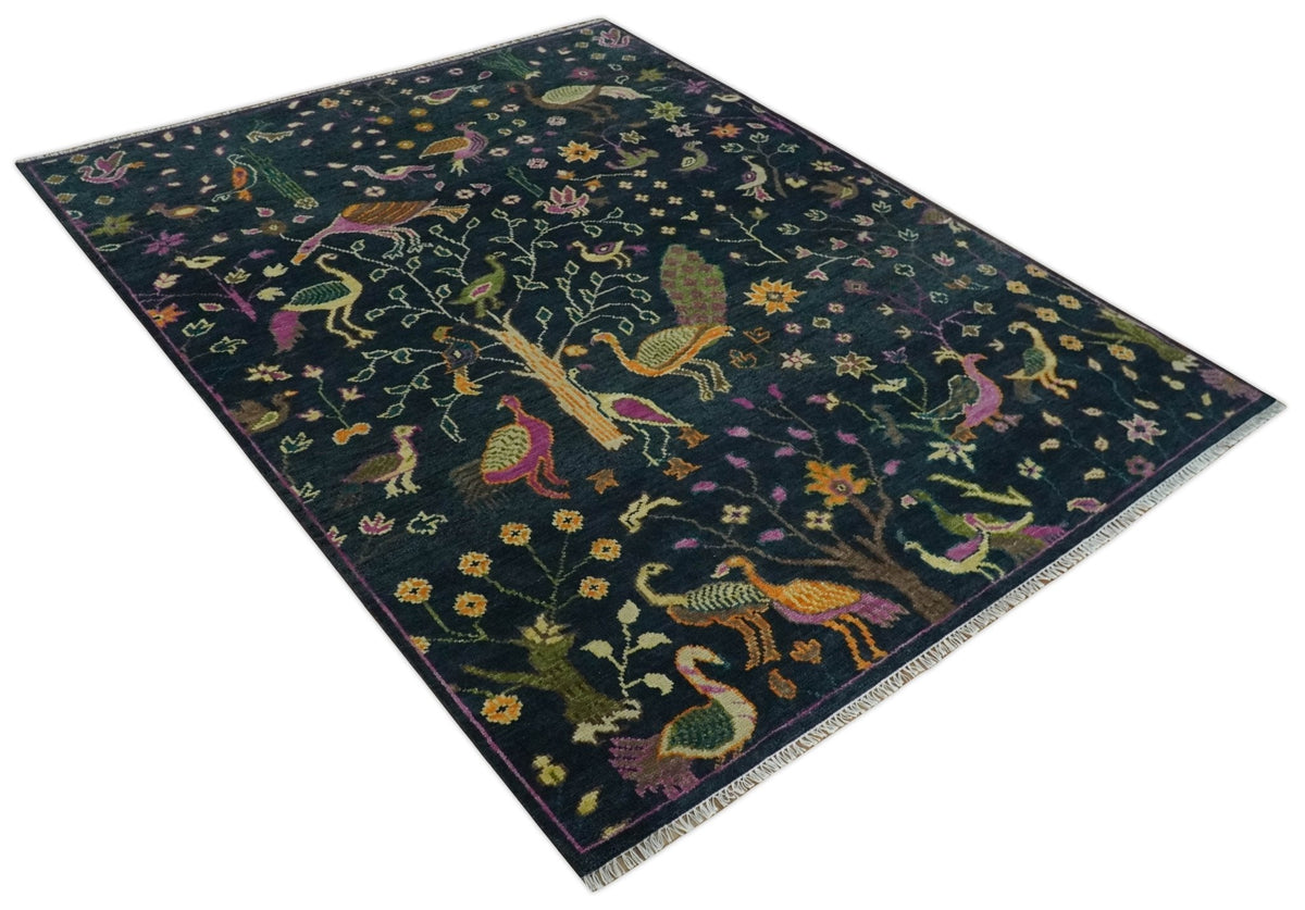 Custom Made The Jungle Life Peacock on tree Rug Hand Knotted Blue and Green Wool Rug.