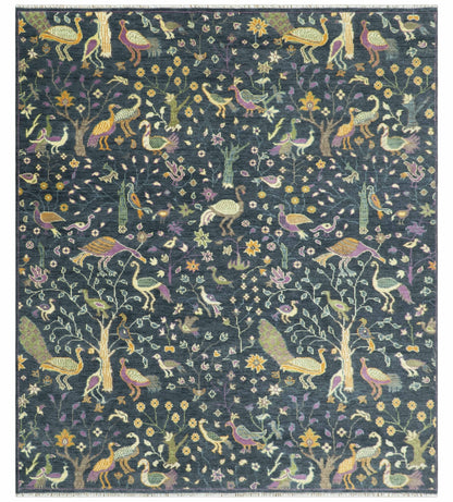 Custom Made The Jungle Life Peacock on tree Rug Hand Knotted Blue and Green Wool Rug.