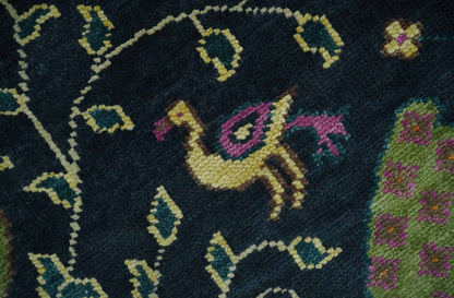 Custom Made The Jungle Life Peacock on tree Rug Hand Knotted Blue and Green Wool Rug.
