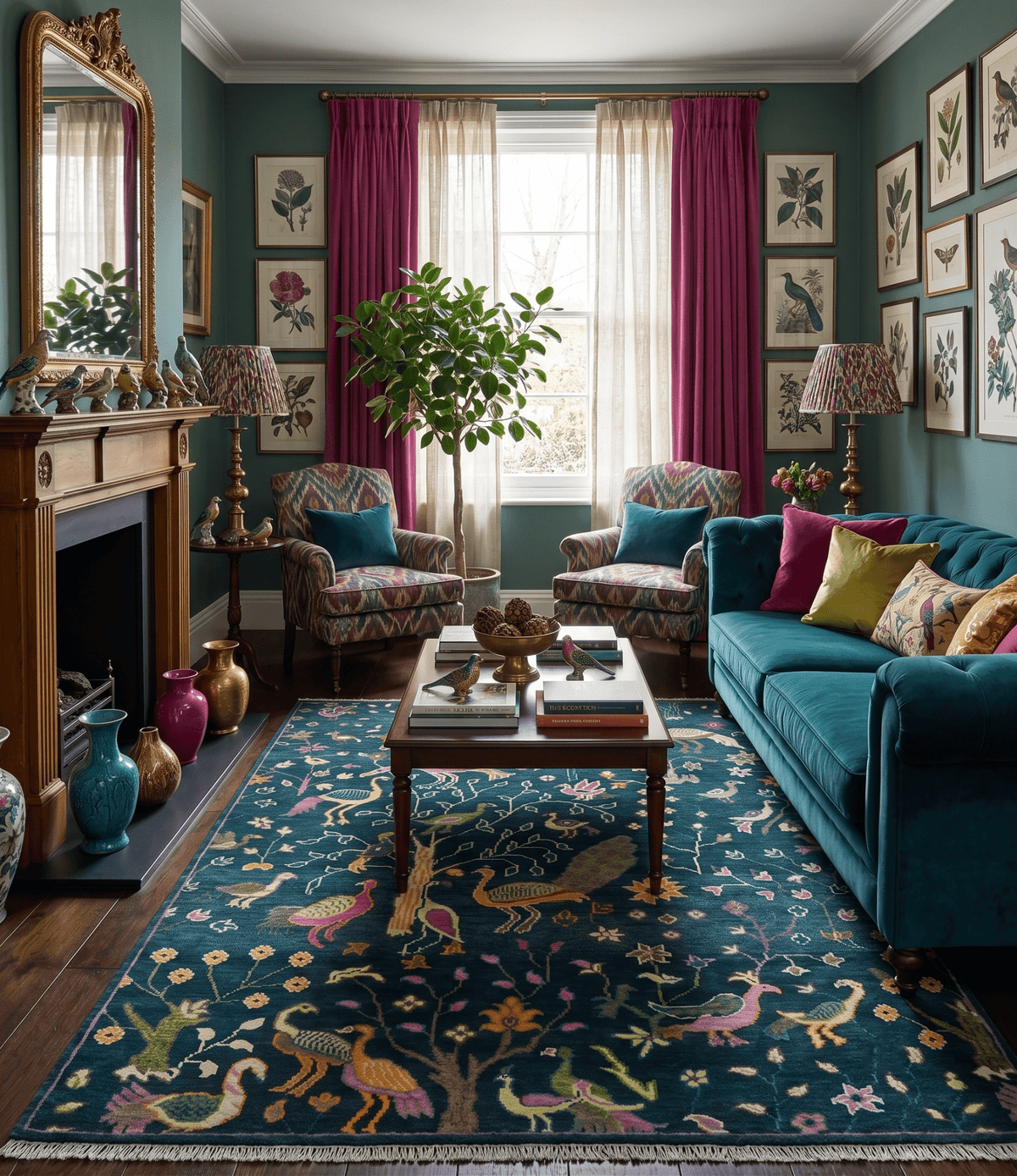 Custom Made The Jungle Life Peacock on tree Rug Hand Knotted Blue and Green Wool Rug.
