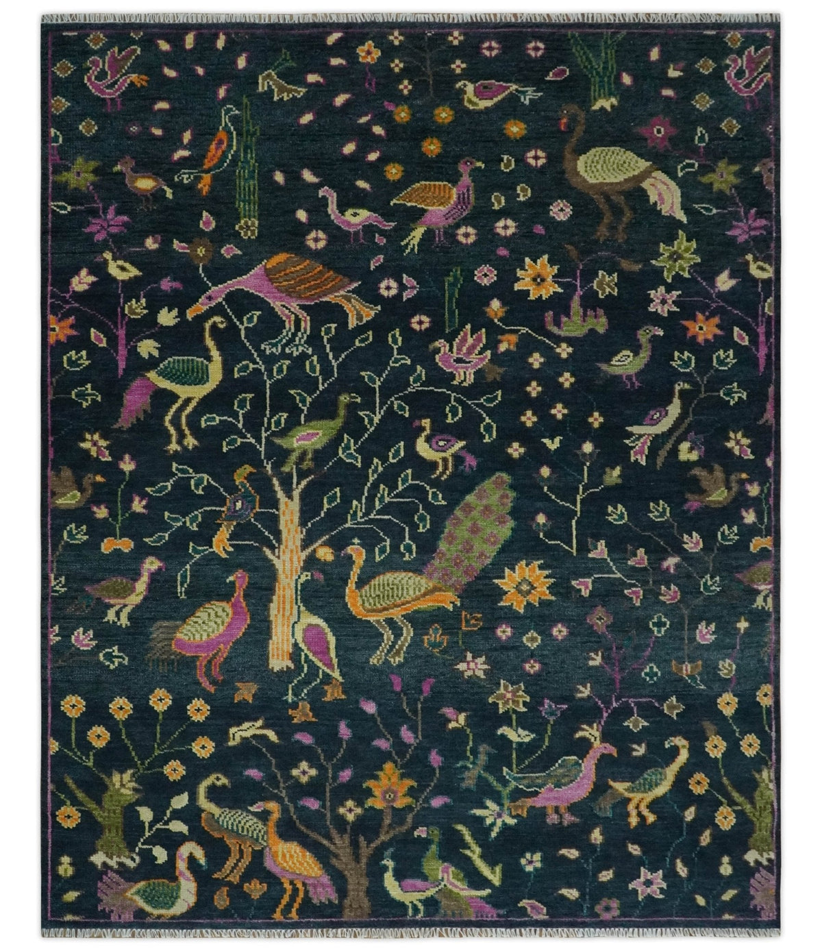 Custom Made The Jungle Life Peacock on tree Rug Hand Knotted Blue and Green Wool Rug.