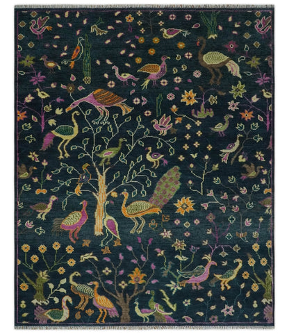 Custom Made The Jungle Life Peacock on tree Rug Hand Knotted Blue and Green Wool Rug.