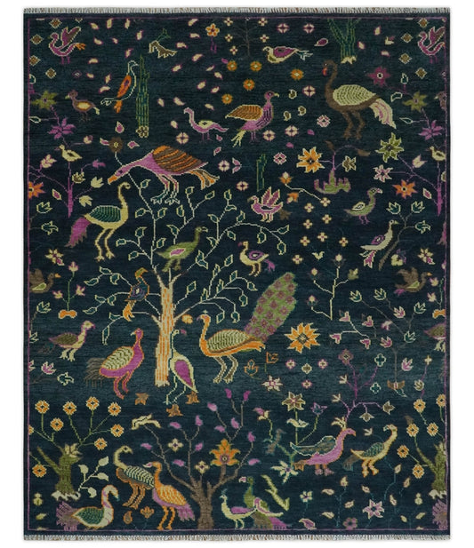 Custom Made The Jungle Life Peacock on tree Rug Hand Knotted Blue and Green Wool Rug.