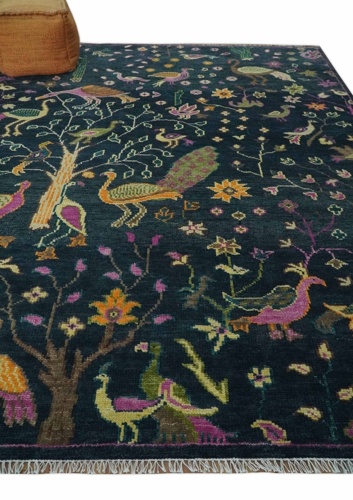 Custom Made The Jungle Life Peacock on tree Rug Hand Knotted Blue and Green Wool Rug.