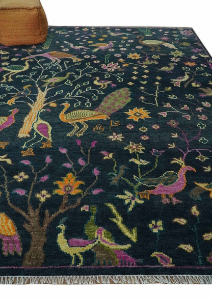 Custom Made The Jungle Life Peacock on tree Rug Hand Knotted Blue and Green Wool Rug.