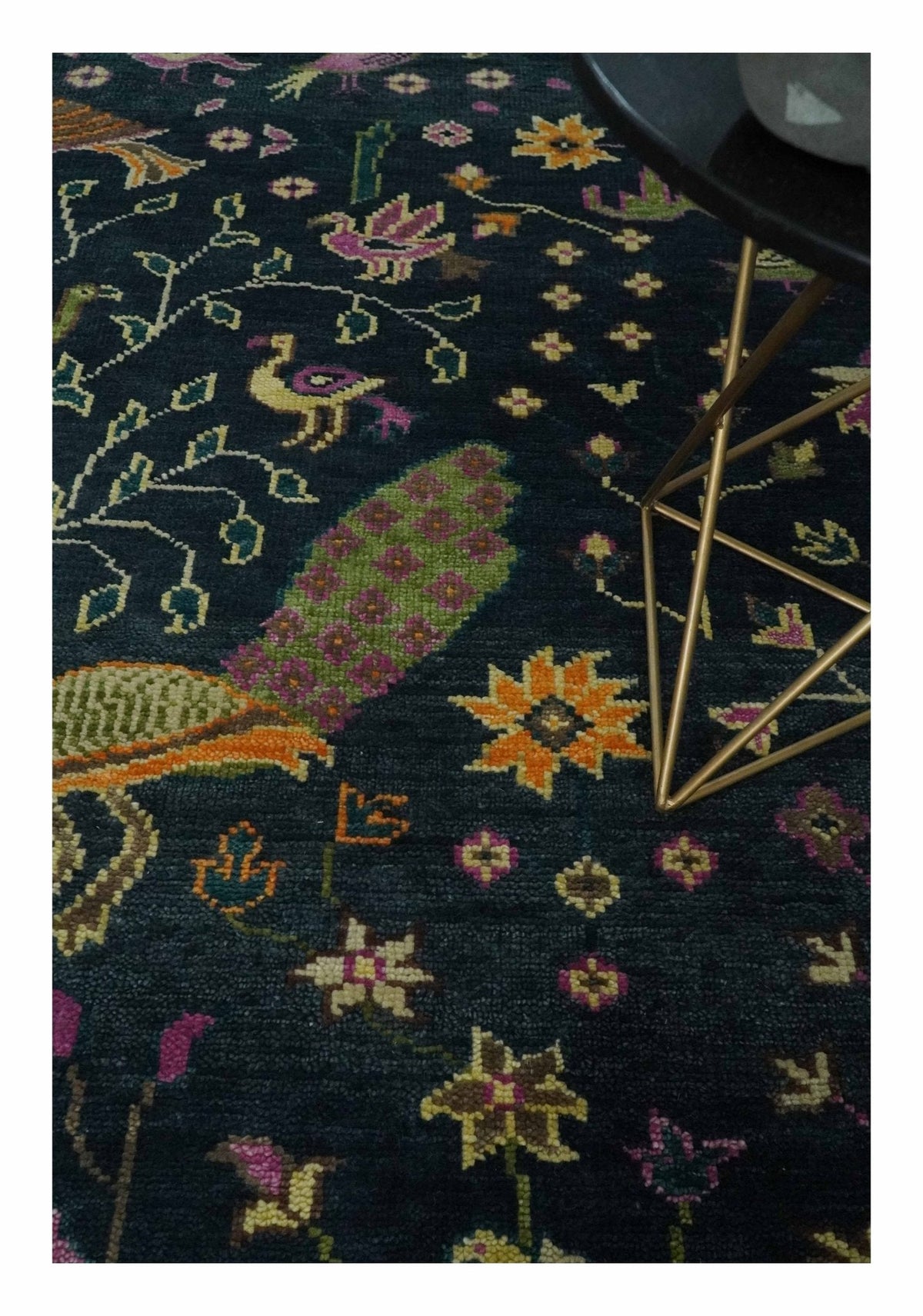 Custom Made The Jungle Life Peacock on tree Rug Hand Knotted Blue and Green Wool Rug.