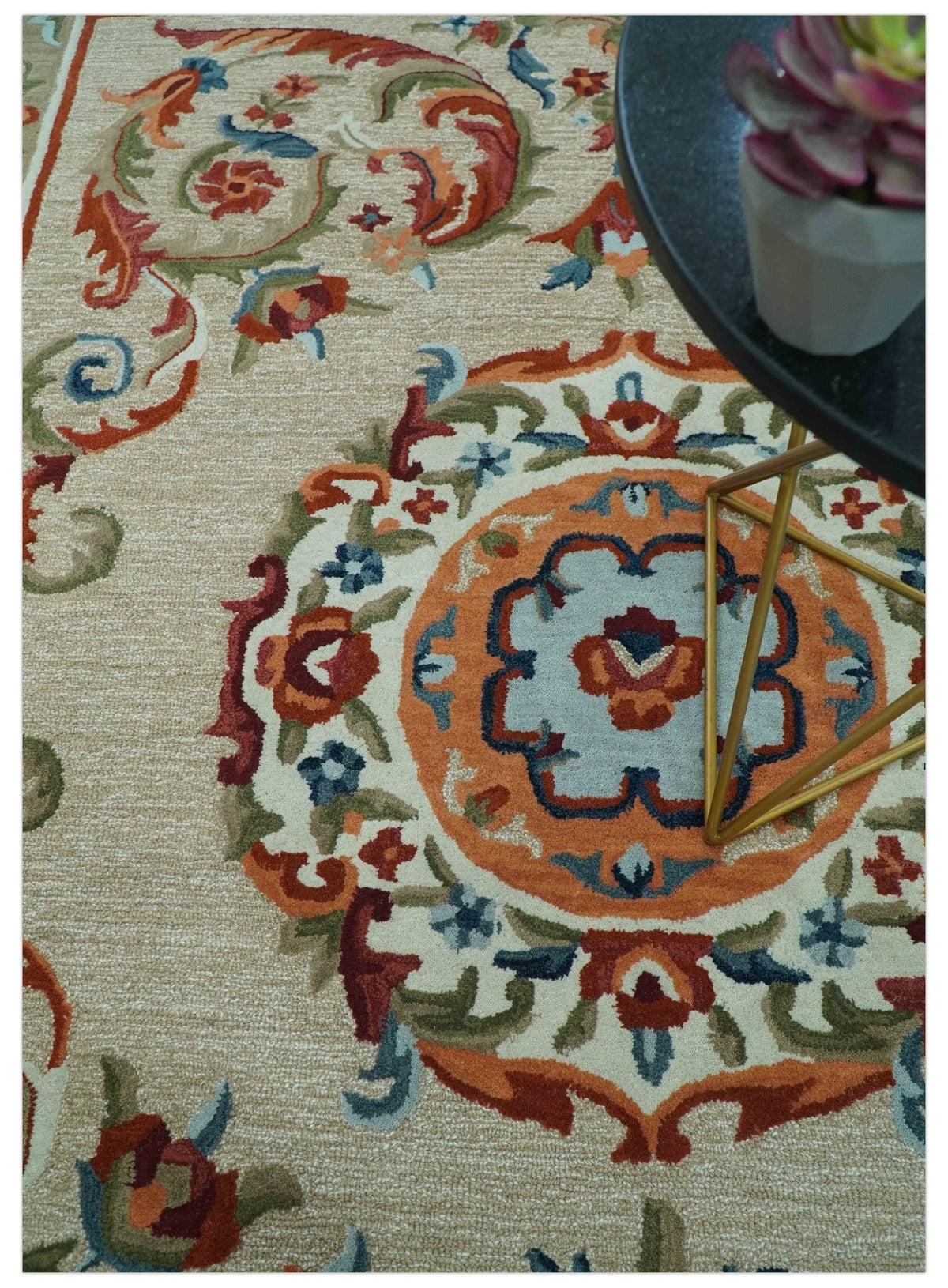 Custom Made Traditional Aubusson Design Beige And Brown Hand Tufted Wool Area Rug.