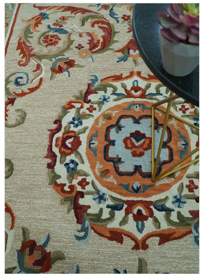 Custom Made Traditional Aubusson Design Beige And Brown Hand Tufted Wool Area Rug.
