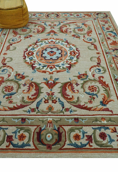 Custom Made Traditional Aubusson Design Beige And Brown Hand Tufted Wool Area Rug.