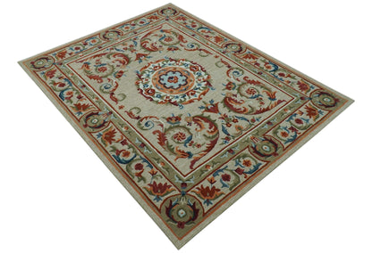 Custom Made Traditional Aubusson Design Beige And Brown Hand Tufted Wool Area Rug.