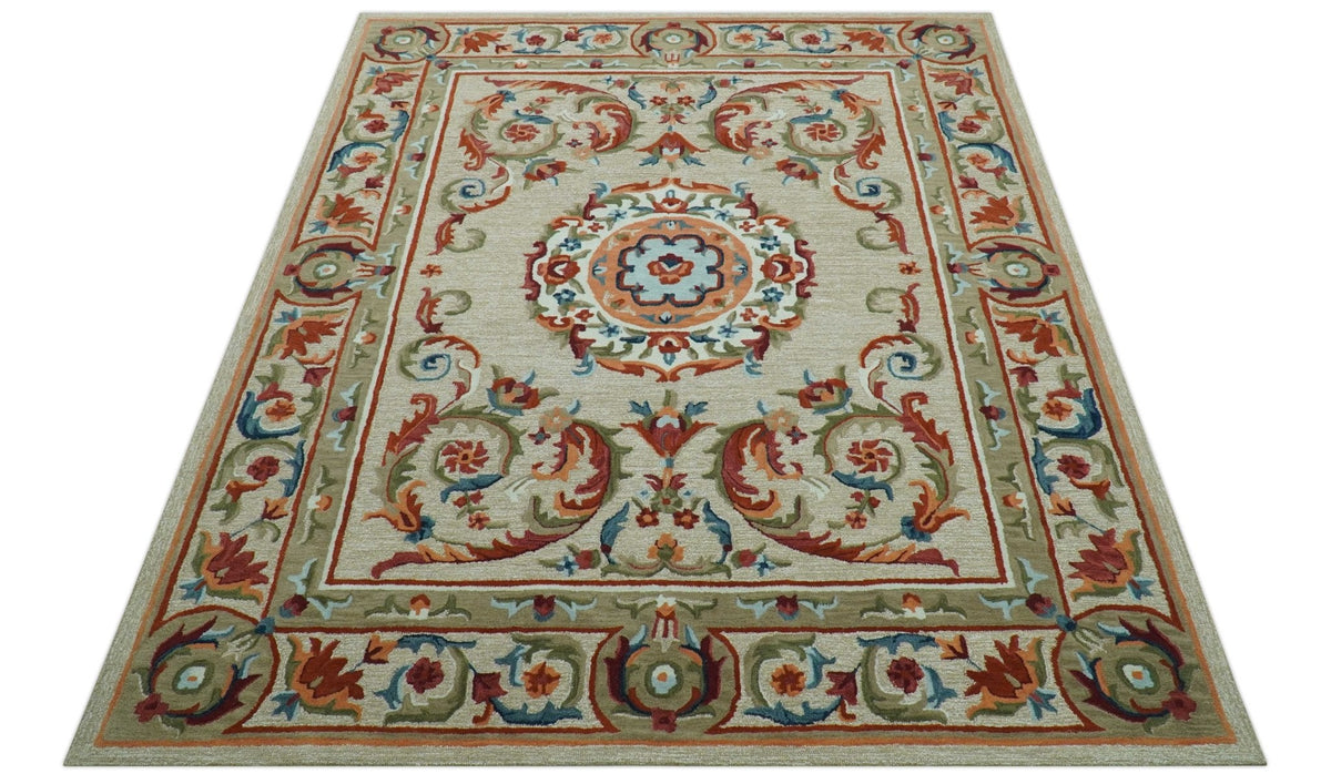 Custom Made Traditional Aubusson Design Beige And Brown Hand Tufted Wool Area Rug.