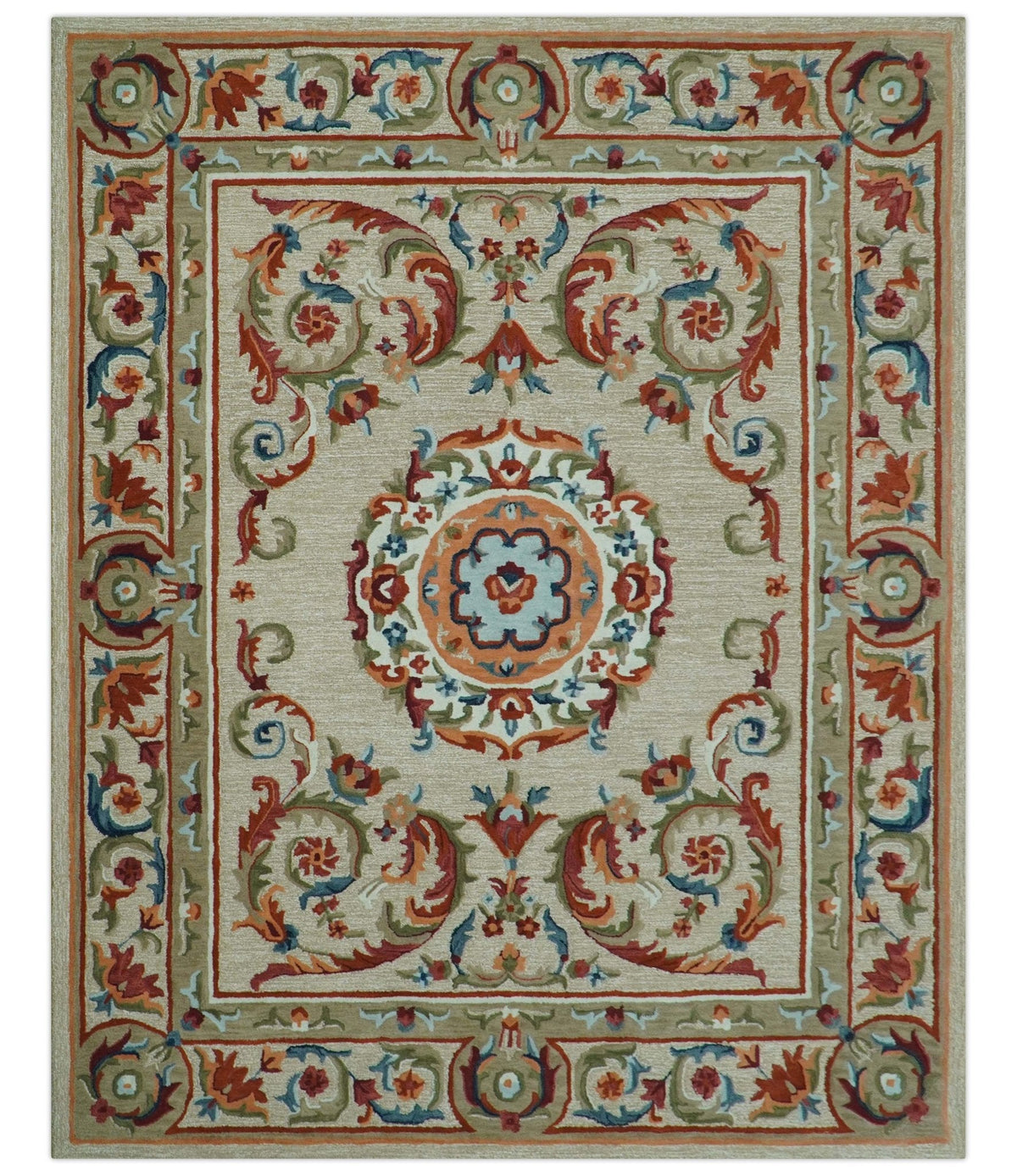 Custom Made Traditional Aubusson Design Beige And Brown Hand Tufted Wool Area Rug.