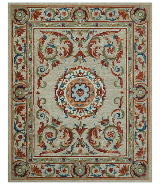 Custom Made Traditional Aubusson Design Beige And Brown Hand Tufted Wool Area Rug.