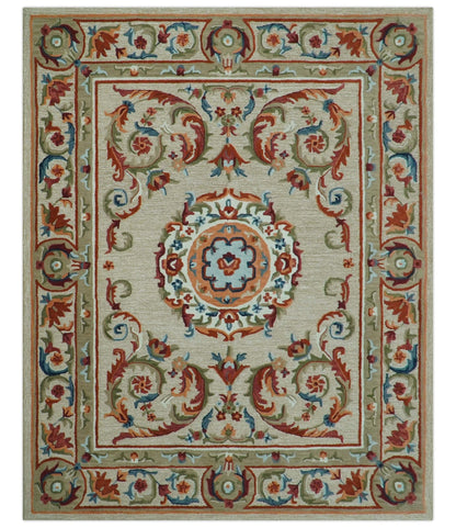 Custom Made Traditional Aubusson Design Beige And Brown Hand Tufted Wool Area Rug.