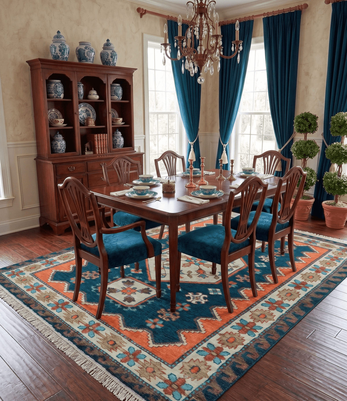 Custom Made Traditional Blue And Ivory Hand Knotted Wool Rug.