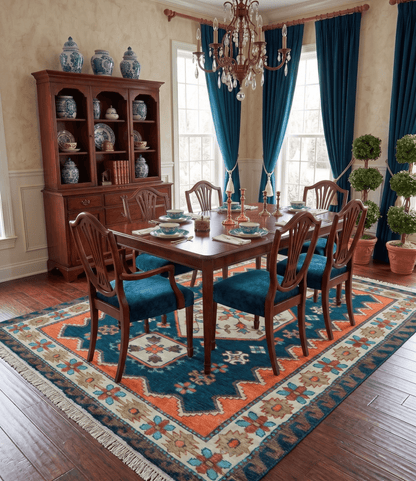 Custom Made Traditional Blue And Ivory Hand Knotted Wool Rug.