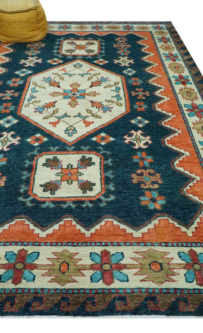 Custom Made Traditional Blue And Ivory Hand Knotted Wool Rug.