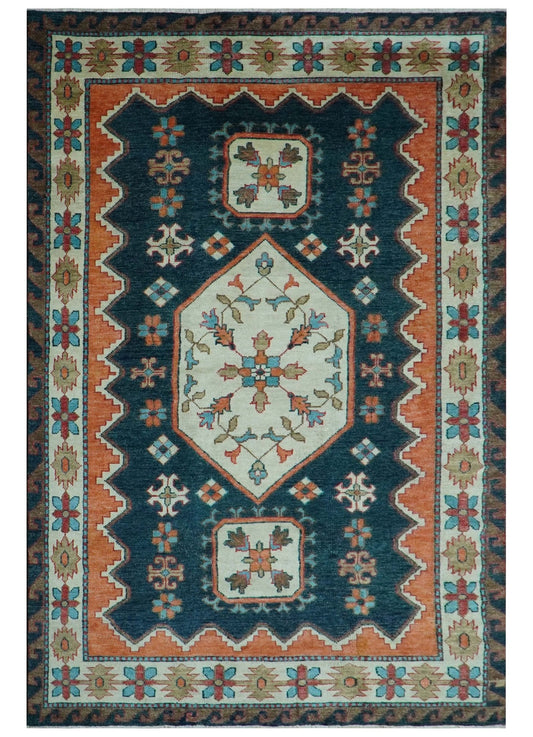 Custom Made Traditional Blue And Ivory Hand Knotted Wool Rug.