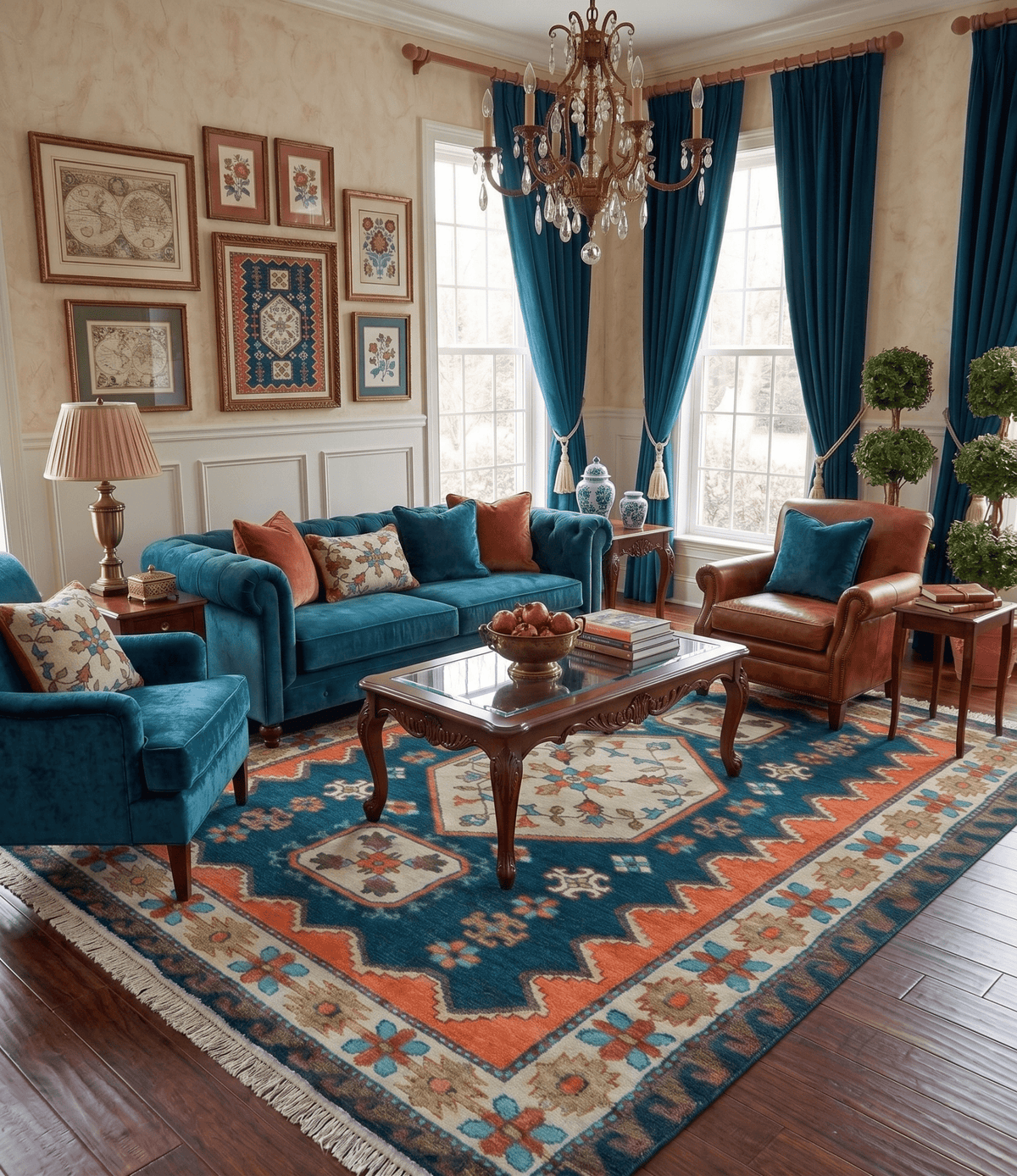 Custom Made Traditional Blue And Ivory Hand Knotted Wool Rug.