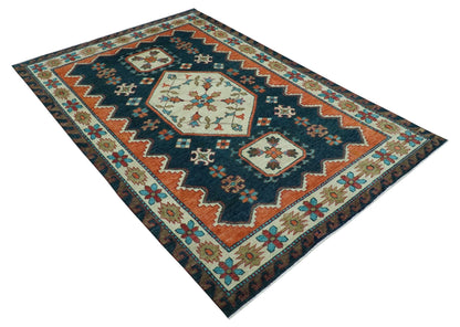 Custom Made Traditional Blue And Ivory Hand Knotted Wool Rug.