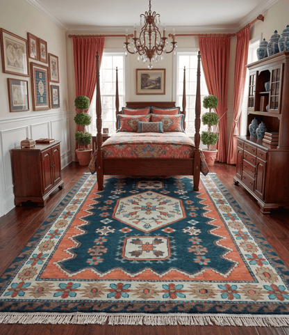 Custom Made Traditional Blue And Ivory Hand Knotted Wool Rug.