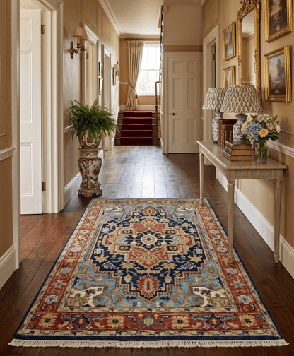 Custom Made Traditional Blue and Rust Hand Knotted Wool Area Rug.