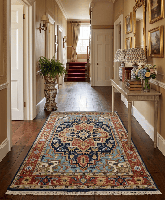 Custom Made Traditional Blue and Rust Hand Knotted Wool Area Rug.