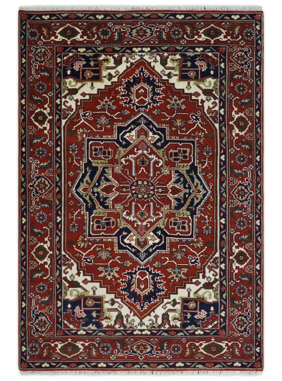 Custom Made Traditional Brown, Ivory and Blue Hand knotted Multi Size wool Area Rug.