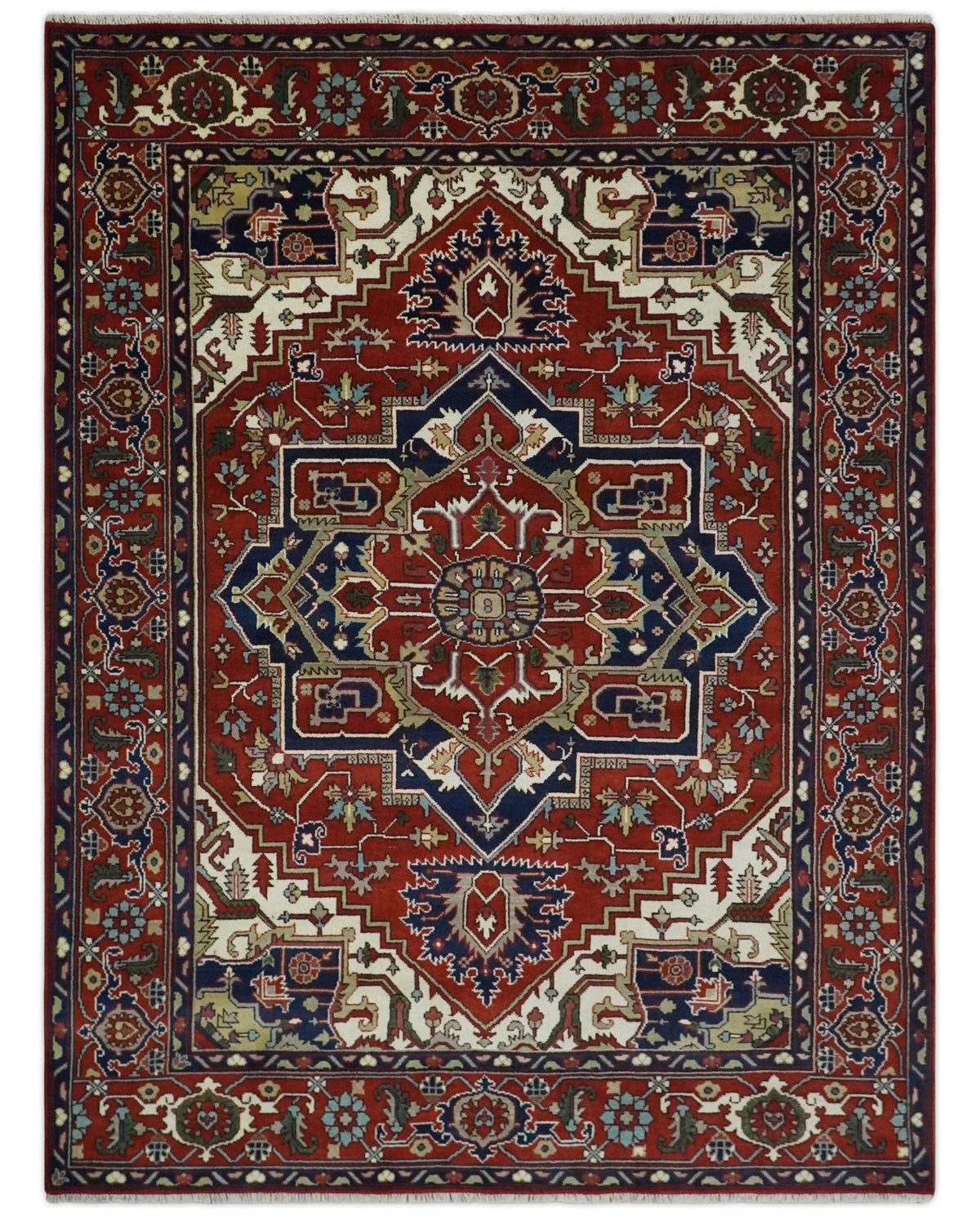 Custom Made Traditional Brown, Ivory and Blue Hand knotted Multi Size wool Area Rug.