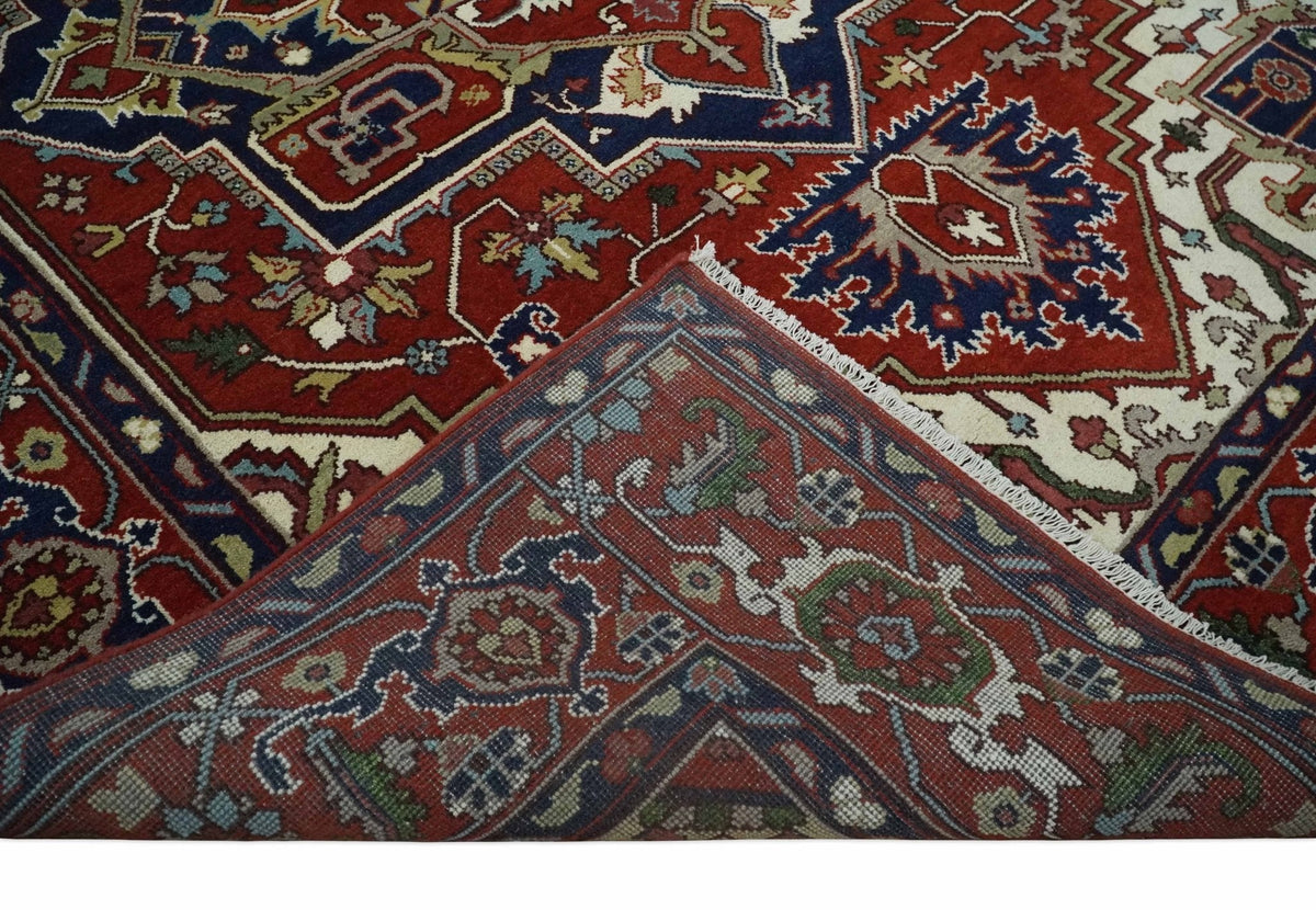 Custom Made Traditional Brown, Ivory and Blue Hand knotted Multi Size wool Area Rug.
