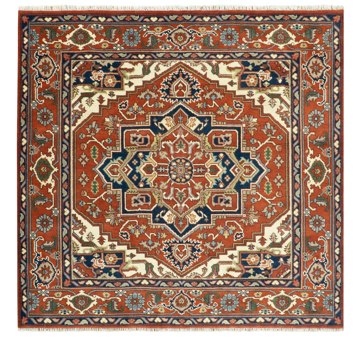 Custom Made Traditional Brown, Ivory and Blue Hand knotted Multi Size wool Area Rug.