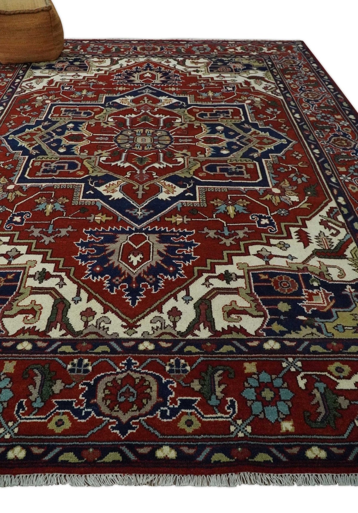 Custom Made Traditional Brown, Ivory and Blue Hand knotted Multi Size wool Area Rug.