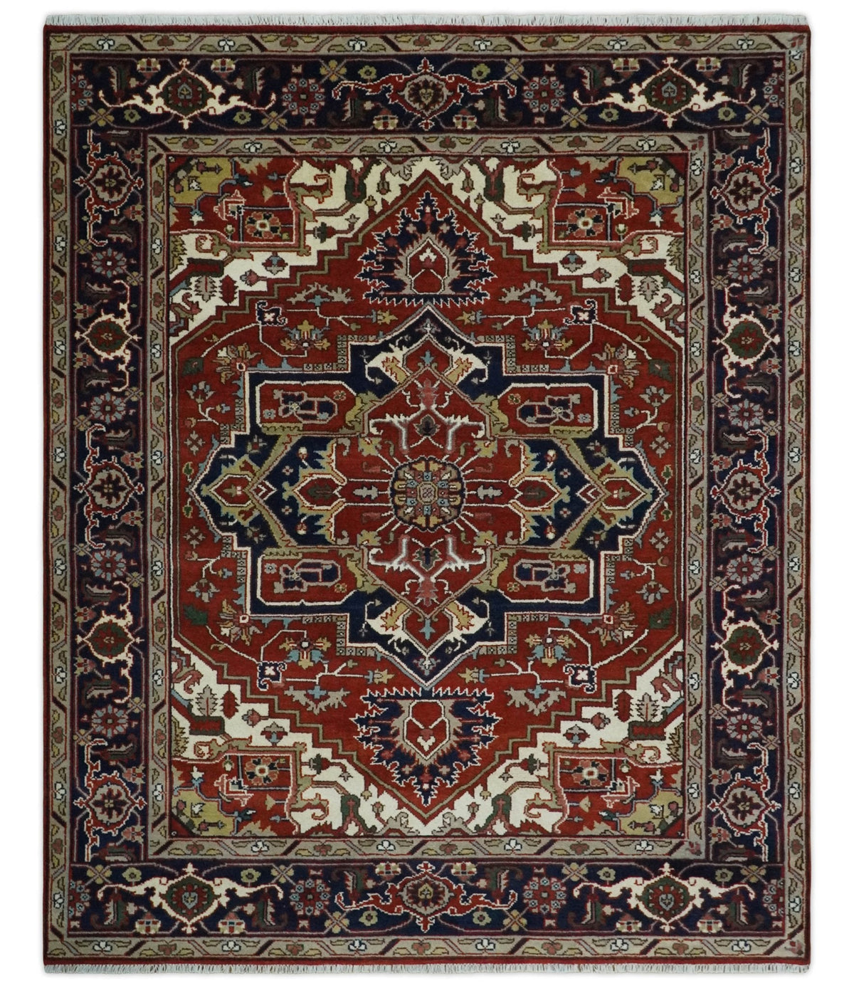 Custom Made Traditional Brown, Ivory and Blue Hand knotted Multi Size wool Area Rug.