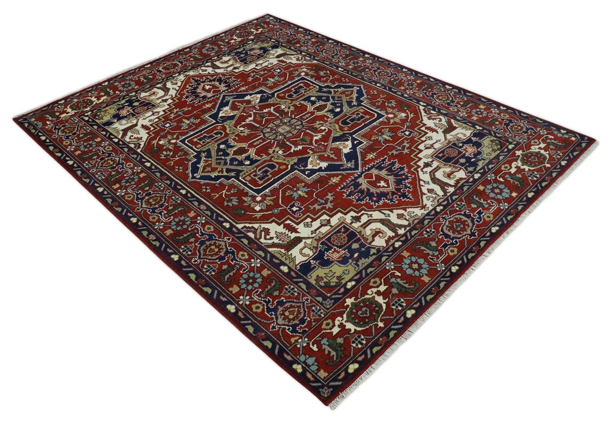 Custom Made Traditional Brown, Ivory and Blue Hand knotted Multi Size wool Area Rug.