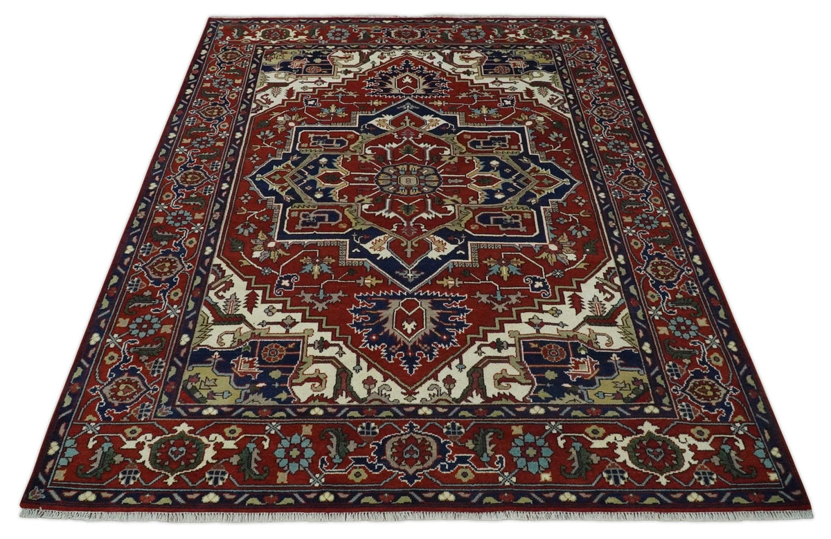 Custom Made Traditional Brown, Ivory and Blue Hand knotted Multi Size wool Area Rug.