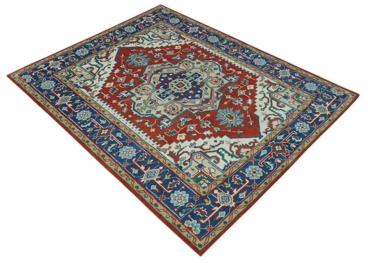 Custom Made Traditional Rust, Ivory and Blue Heriz Medallion Wool Area Rug.