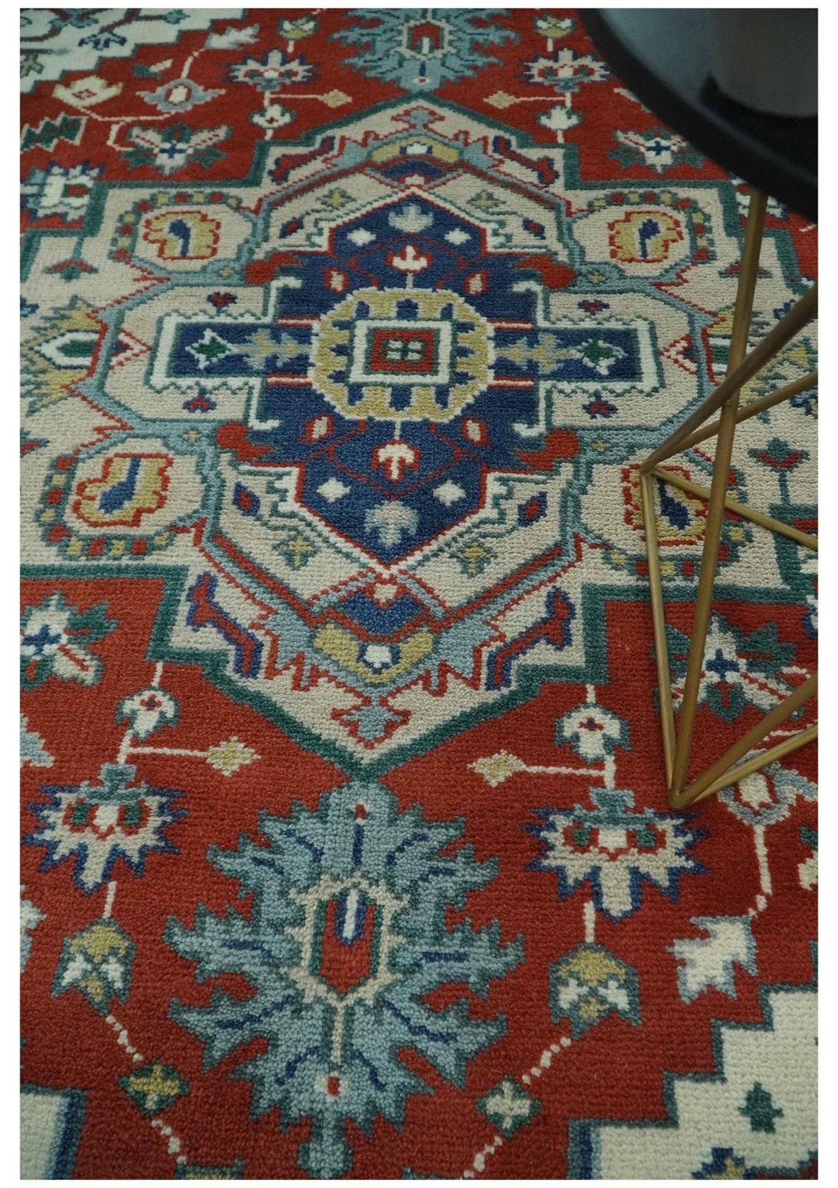 Custom Made Traditional Rust, Ivory and Blue Heriz Medallion Wool Area Rug.