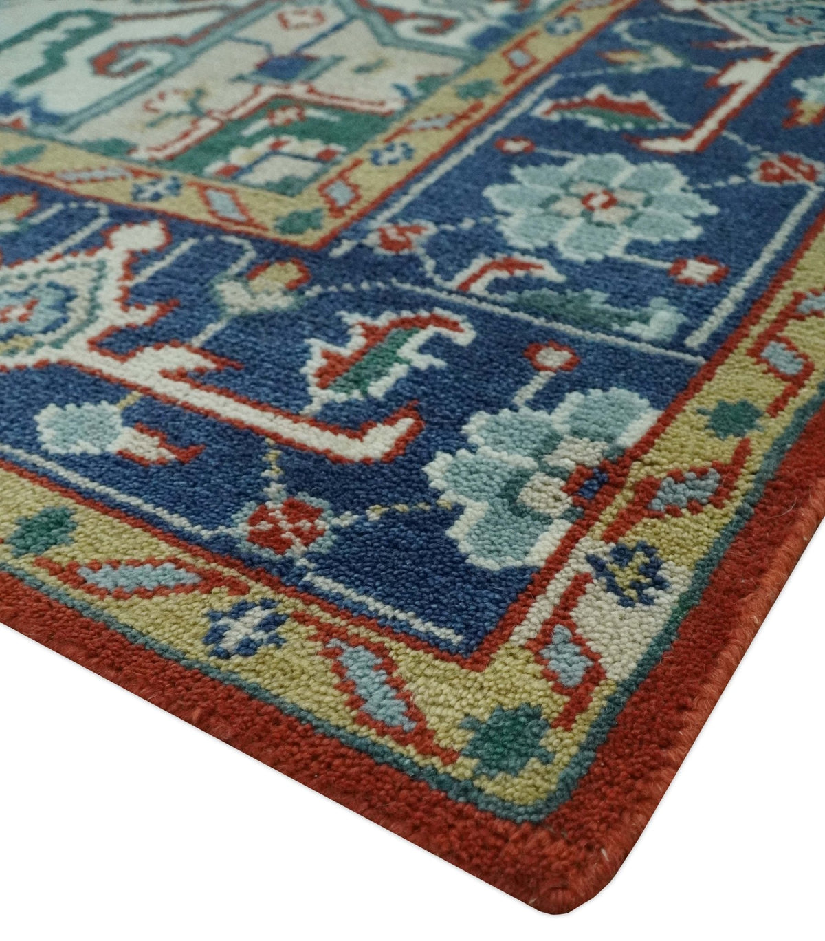 Custom Made Traditional Rust, Ivory and Blue Heriz Medallion Wool Area Rug.
