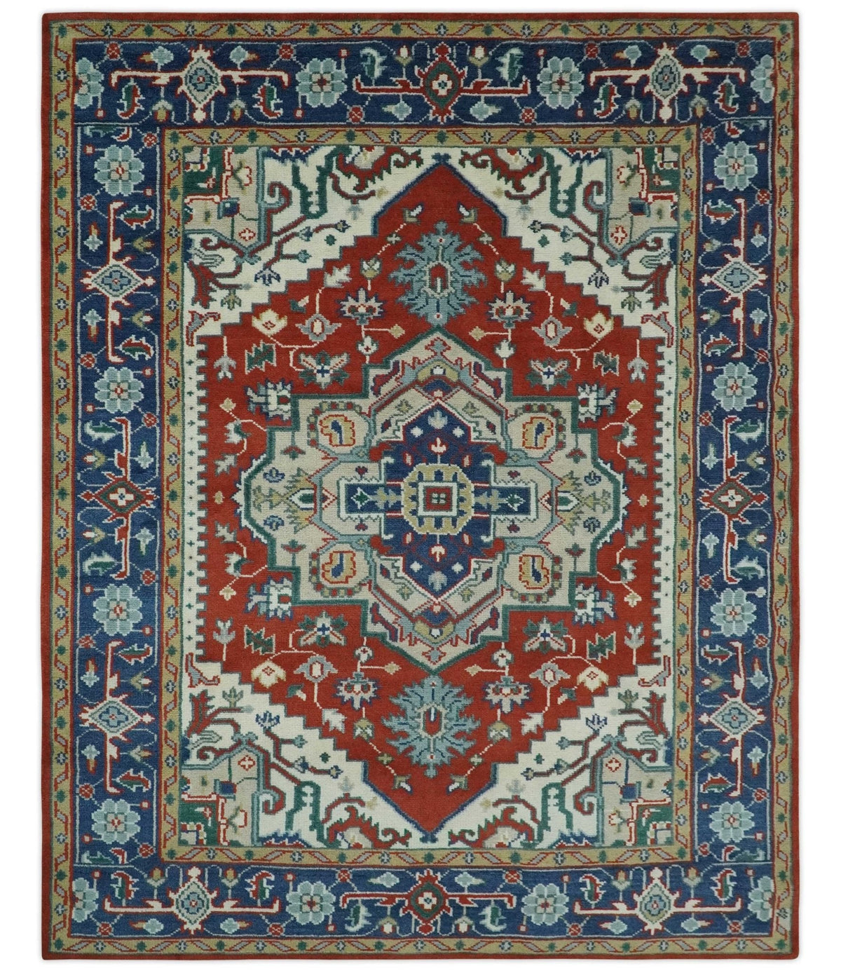 Custom Made Traditional Rust, Ivory and Blue Heriz Medallion Wool Area Rug.