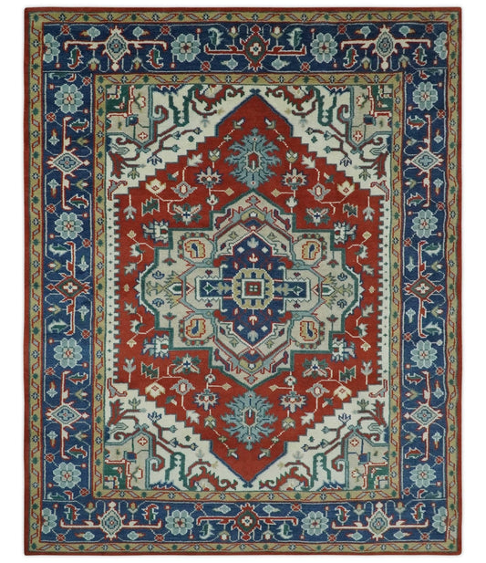 Custom Made Traditional Rust, Ivory and Blue Heriz Medallion Wool Area Rug.