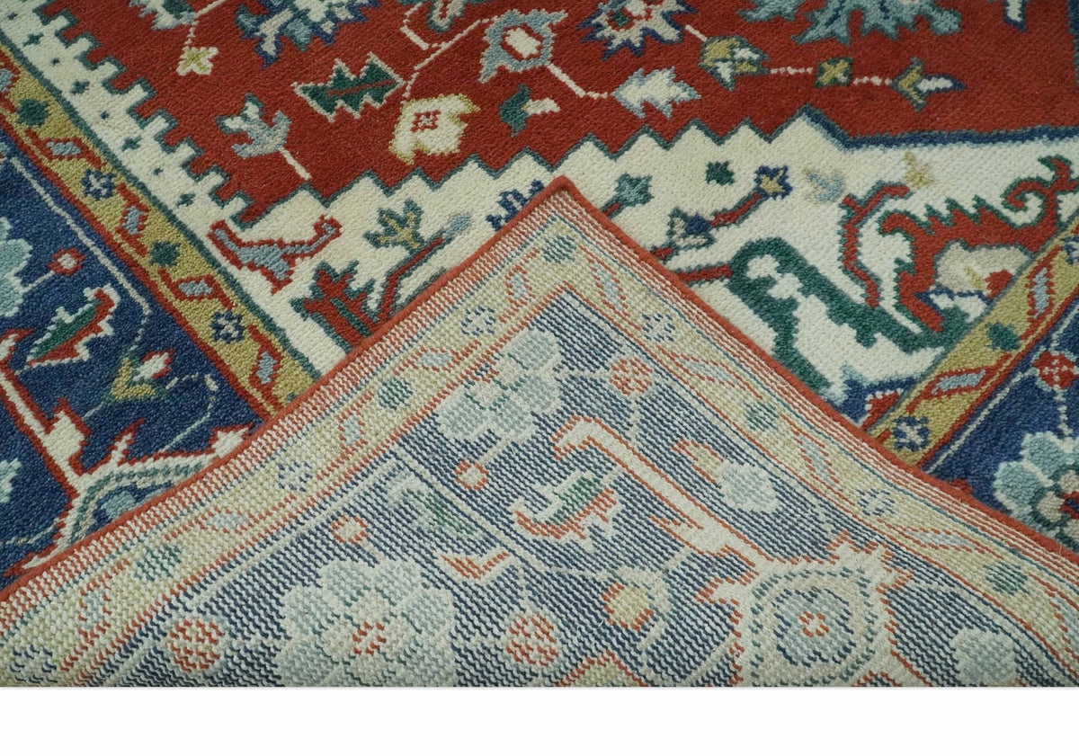Custom Made Traditional Rust, Ivory and Blue Heriz Medallion Wool Area Rug.