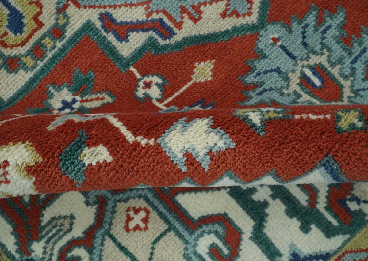 Custom Made Traditional Rust, Ivory and Blue Heriz Medallion Wool Area Rug.