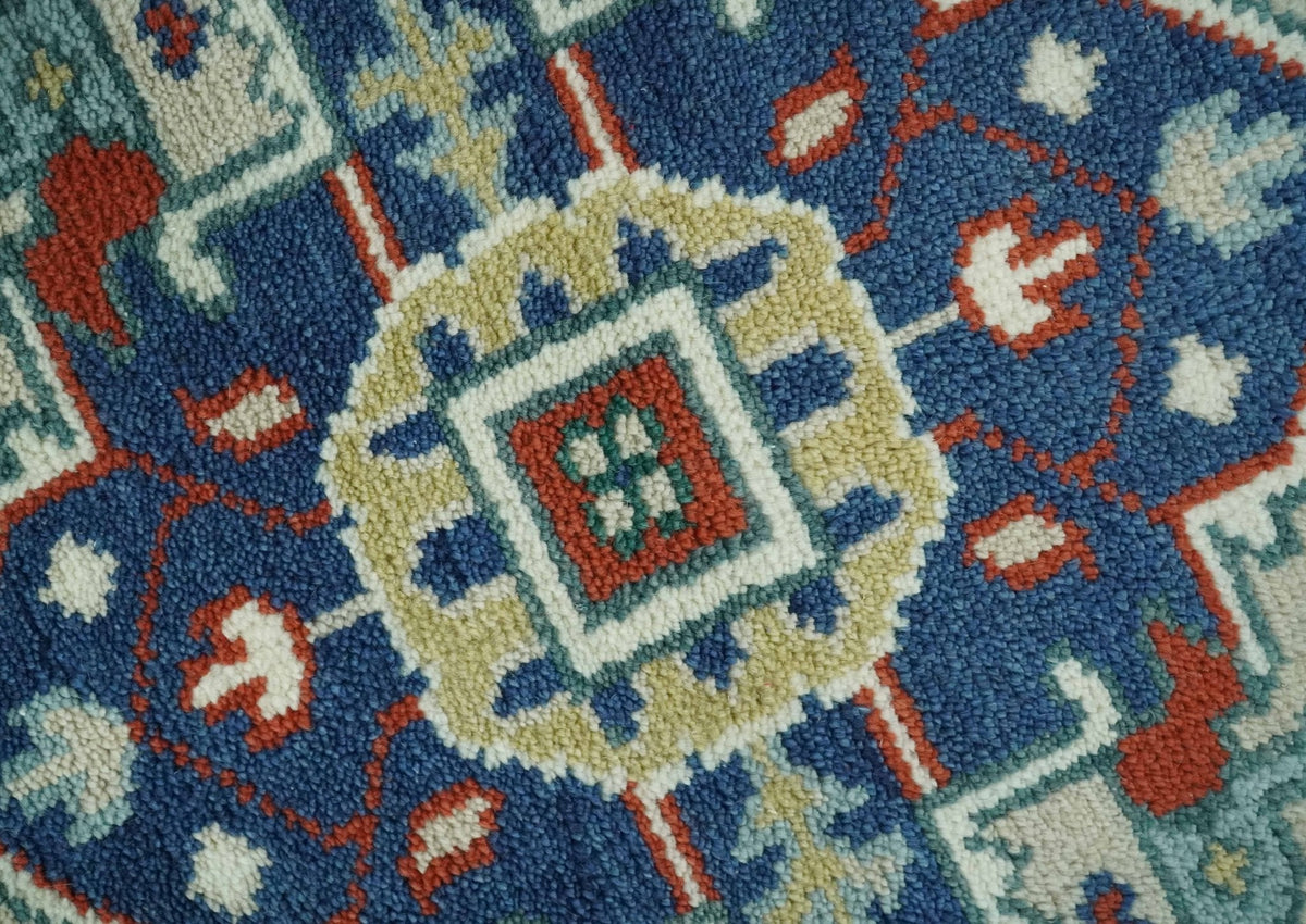 Custom Made Traditional Rust, Ivory and Blue Heriz Medallion Wool Area Rug.