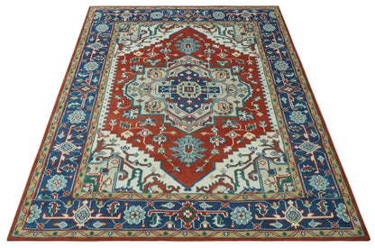 Custom Made Traditional Rust, Ivory and Blue Heriz Medallion Wool Area Rug.